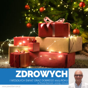 Życzenia Świąteczne, Wigilia 2023, dr Paweł Iberszer, na zdjęciu choinka i prezenty