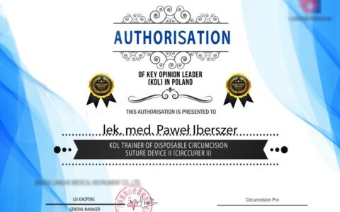 Używanie staplera - certyfikat, dr Paweł Iberszer, chirurg Lublin, urolog Lublin, COZL, na zdjęciu certyfikat